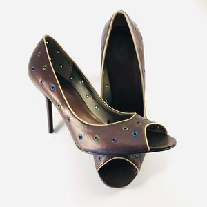 BCBG Brown Heels with Gold Trim and Colorful Studs